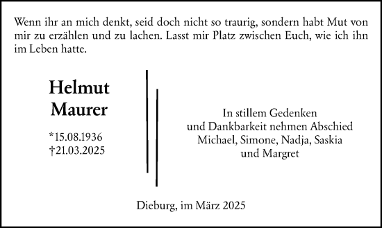 Traueranzeige von Helmut Maurer von Dieburger Anzeiger/Groß-Zimmerner Lokal-Anzeiger