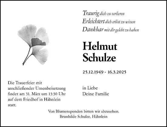 Traueranzeige von Helmut Schulze von Darmstädter Echo