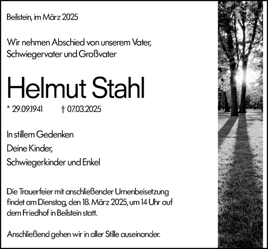 Traueranzeige von Helmut Stahl von Dill Block