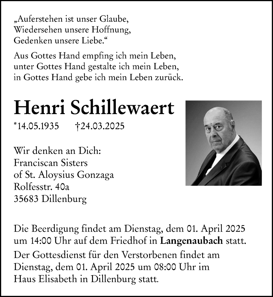  Traueranzeige für Henri Schillewaert vom 29.03.2025 aus Dill Block