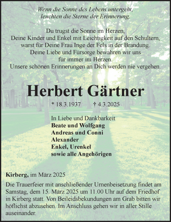 Traueranzeige von Herbert Gärtner von Camberger Anzeiger