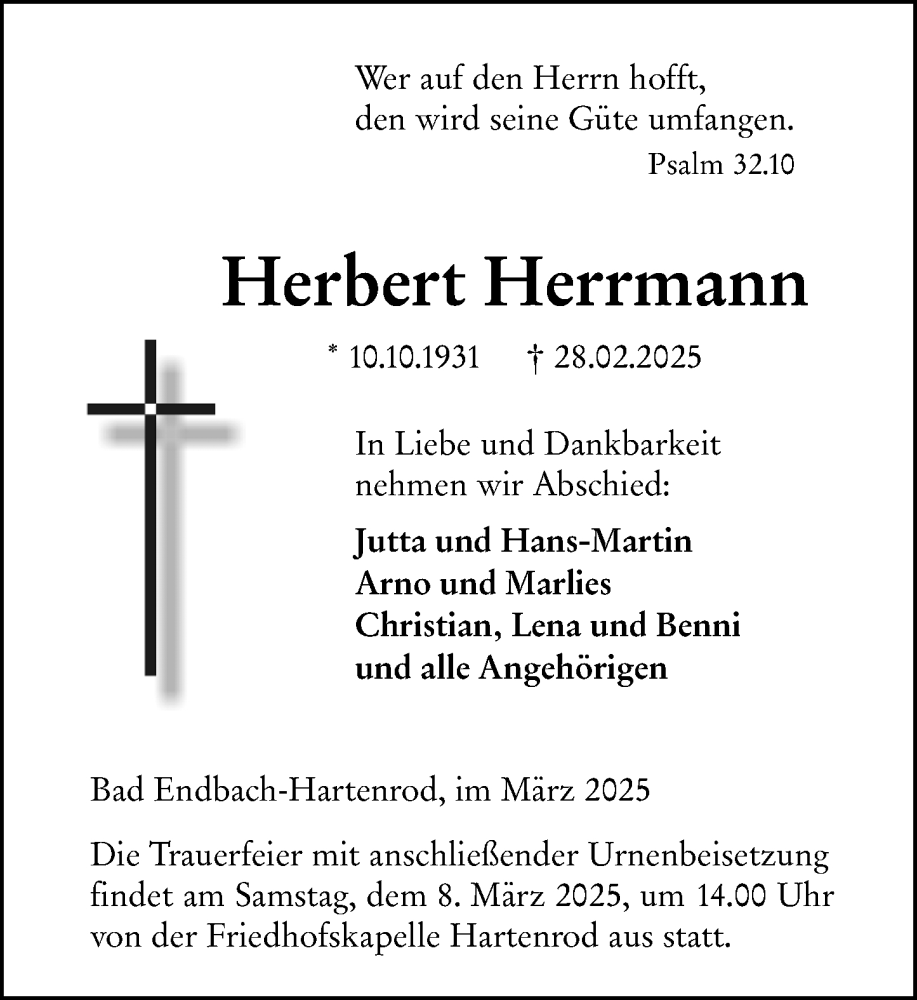  Traueranzeige für Herbert Herrmann vom 05.03.2025 aus Hinterländer Anzeiger