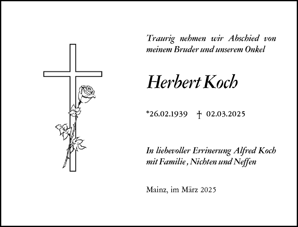  Traueranzeige für Herbert Koch vom 08.03.2025 aus Allgemeine Zeitung Mainz