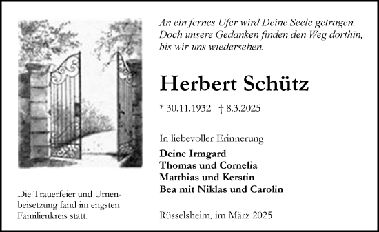 Traueranzeige von Herbert Schütz von Rüsselsheimer Echo