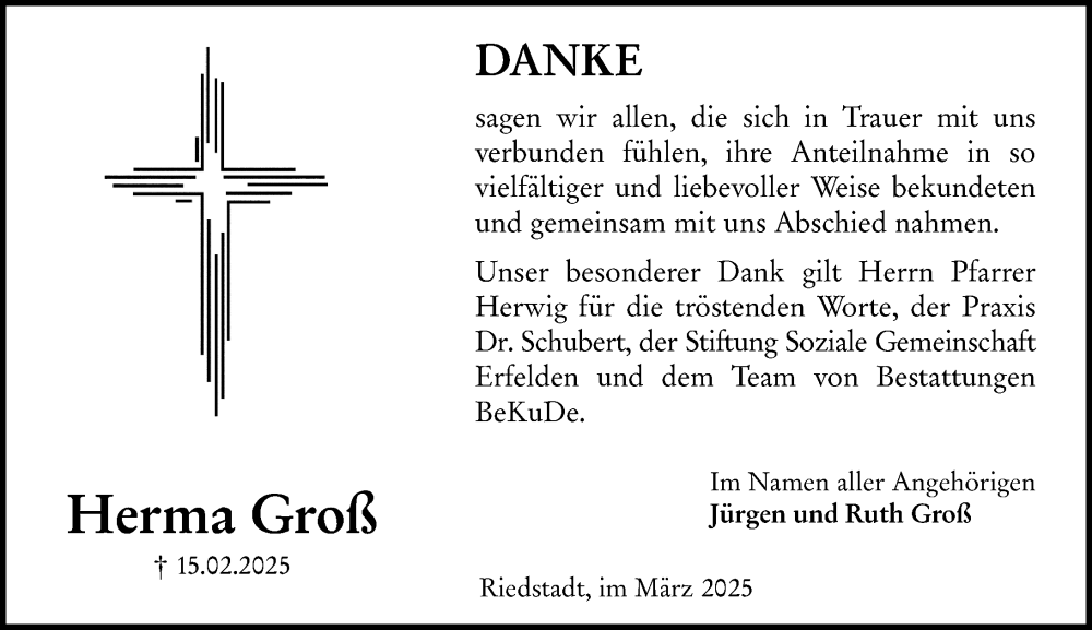  Traueranzeige für Herma Groß vom 15.03.2025 aus Groß-Gerauer Echo