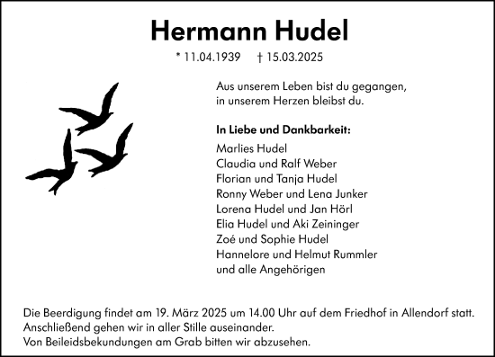 Traueranzeige von Hermann Hudel von Dill Block