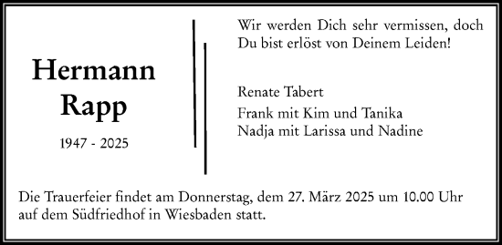 Traueranzeige von Hermann Rapp von Wiesbadener Kurier