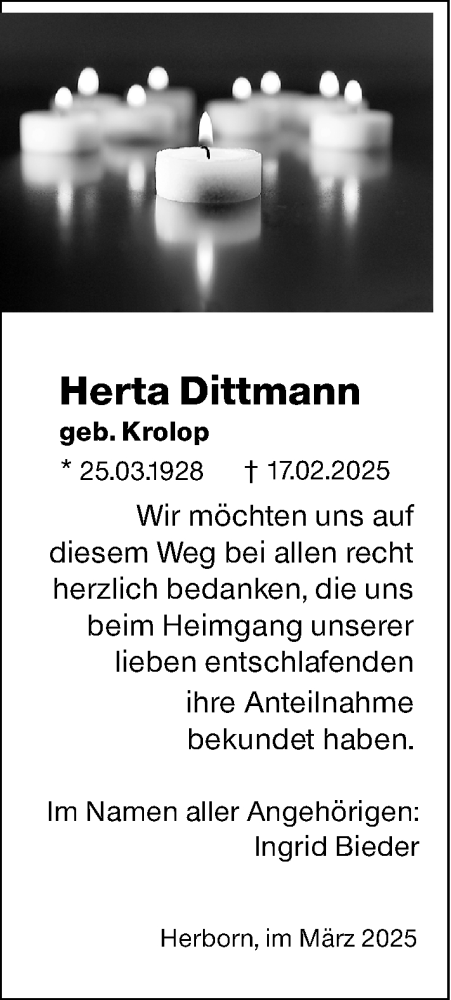  Traueranzeige für Herta Dittmann vom 04.03.2025 aus Hinterländer Anzeiger
