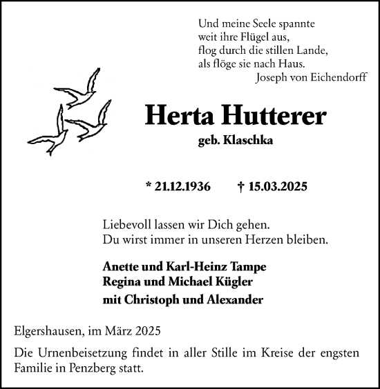 Traueranzeige von Herta Hutterer von Hinterländer Anzeiger