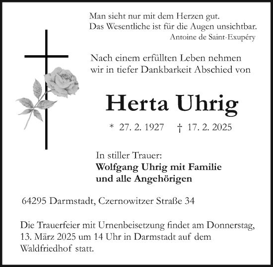 Traueranzeige von Herta Uhrig von Darmstädter Echo