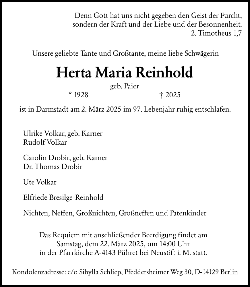  Traueranzeige für Herta Maria Reinhold vom 08.03.2025 aus Darmstädter Echo