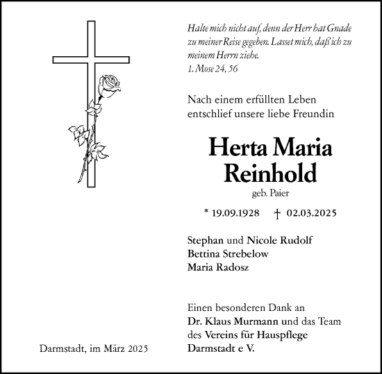 Traueranzeige von Herta Maria Reinhold von Darmstädter Echo
