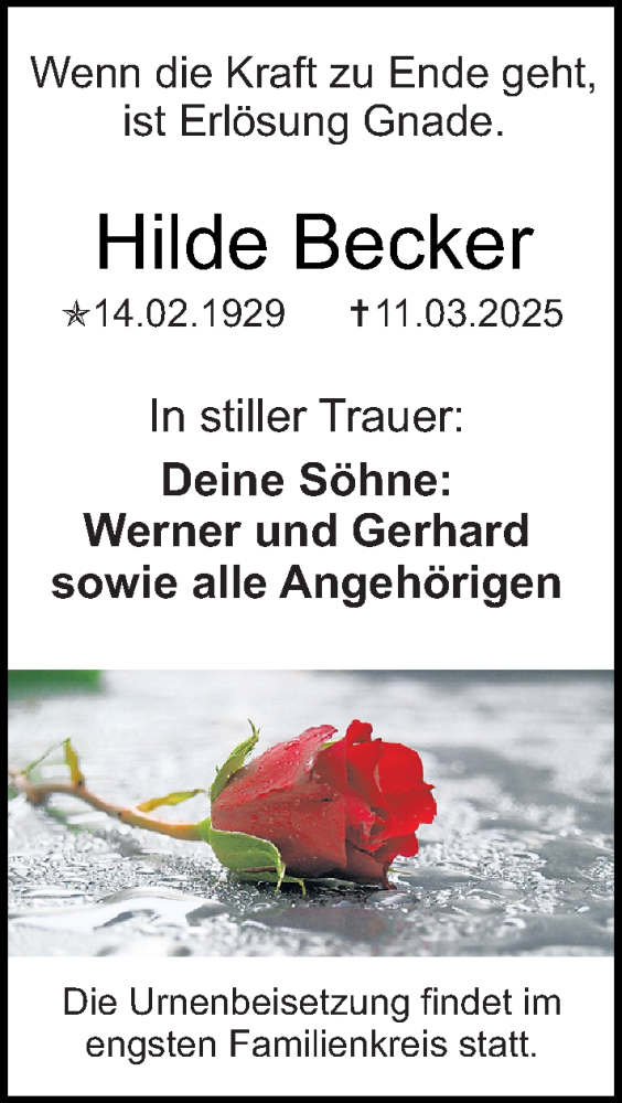  Traueranzeige für Hilde Becker vom 29.03.2025 aus Allgemeine Zeitung Mainz