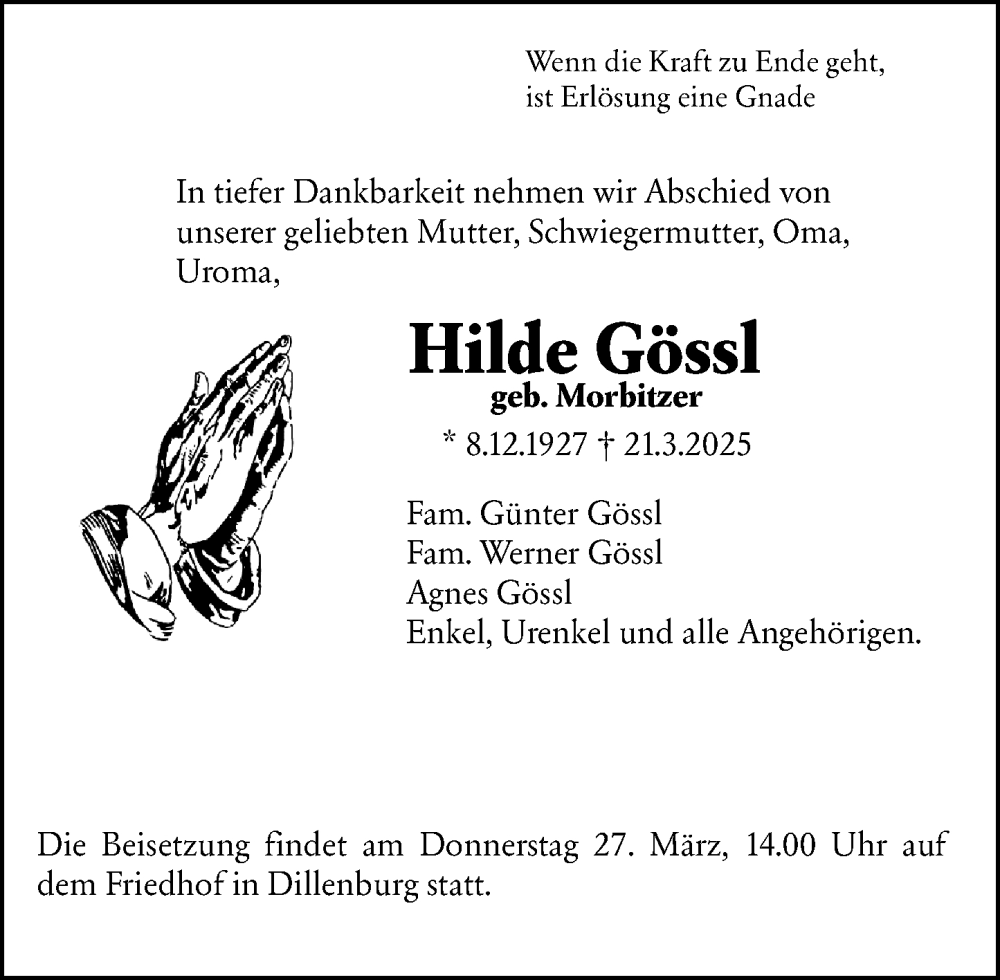  Traueranzeige für Hilde Gössl vom 24.03.2025 aus Dill Block
