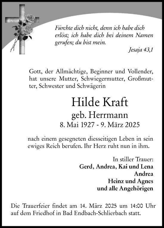Traueranzeige von Hilde Kraft von Hinterländer Anzeiger