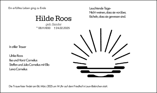 Traueranzeige von Hilde Roos von Wetzlarer Neue Zeitung