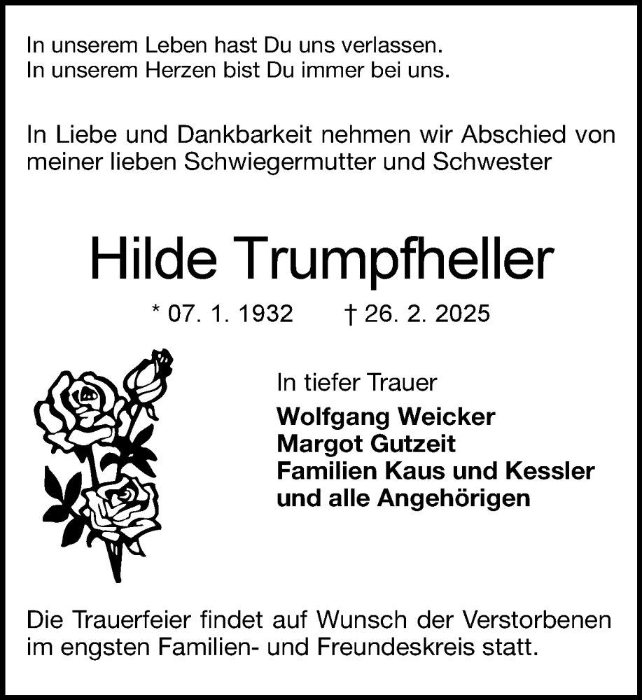  Traueranzeige für Hilde Trumpfheller vom 15.03.2025 aus Darmstädter Echo