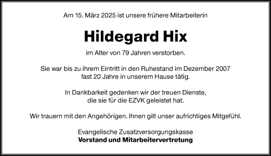 Traueranzeige von Hildegard Hix von Darmstädter Echo