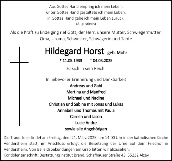 Traueranzeige von Hildegard Horst von Allgemeine Zeitung Alzey