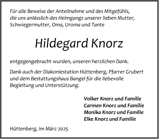 Traueranzeige von Hildegard Knorz von Wetzlarer Neue Zeitung