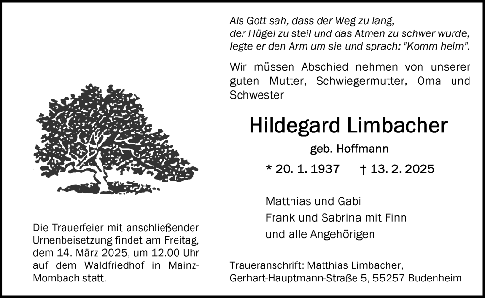  Traueranzeige für Hildegard Limbacher vom 01.03.2025 aus Allgemeine Zeitung Mainz