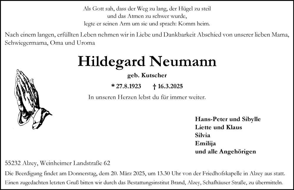  Traueranzeige für Hildegard Neumann vom 18.03.2025 aus Allgemeine Zeitung Alzey