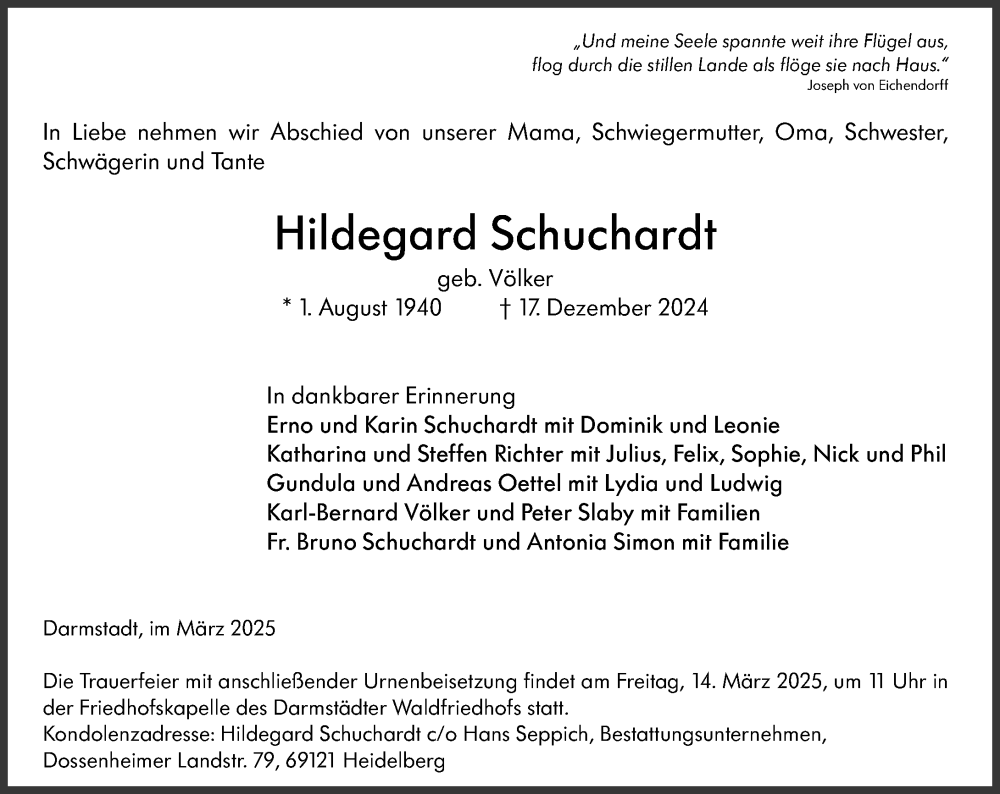  Traueranzeige für Hildegard Schuchardt vom 01.03.2025 aus Darmstädter Echo