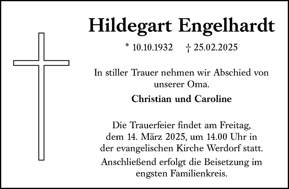  Traueranzeige für Hildegart Engelhardt vom 08.03.2025 aus Wetzlarer Neue Zeitung