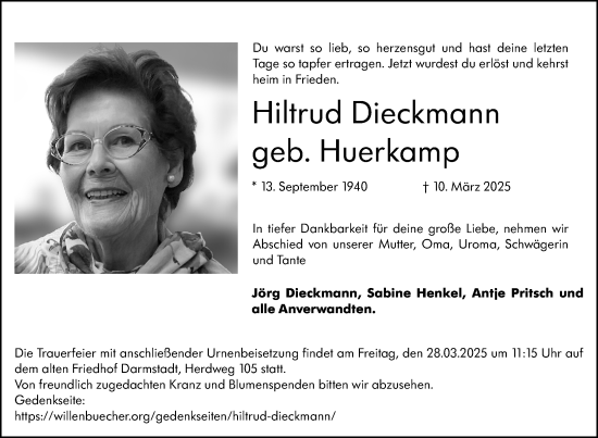 Traueranzeige von Hiltrud Dieckmann von Darmstädter Echo