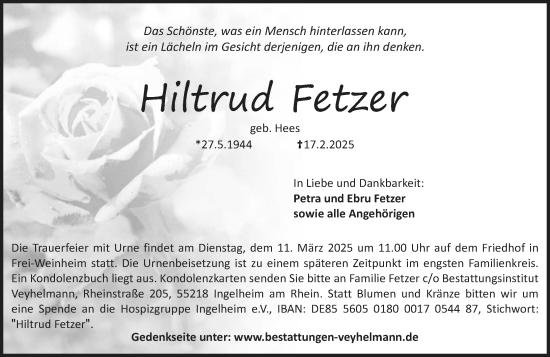 Traueranzeige von Hiltrud Fetzer von Allgemeine Zeitung Rheinhessen-Nahe