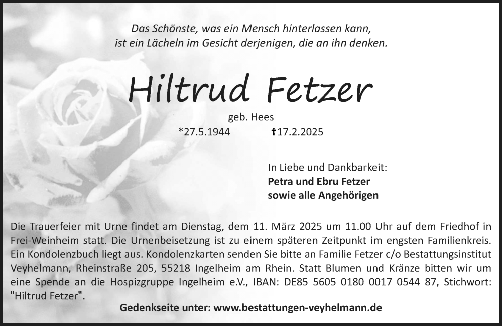  Traueranzeige für Hiltrud Fetzer vom 01.03.2025 aus Allgemeine Zeitung Rheinhessen-Nahe