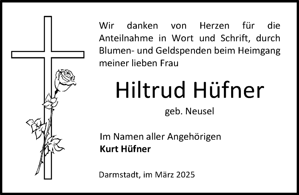 Traueranzeige für Hiltrud Hüfner vom 08.03.2025 aus Darmstädter Echo