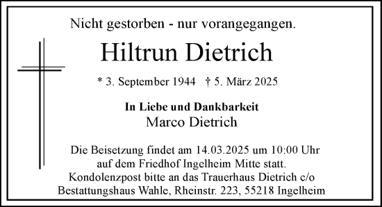 Traueranzeige von Hiltrun Dietrich von Allgemeine Zeitung Rheinhessen-Nahe