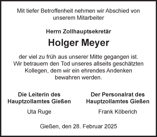 Traueranzeige von Holger Meyer von Hinterländer Anzeiger