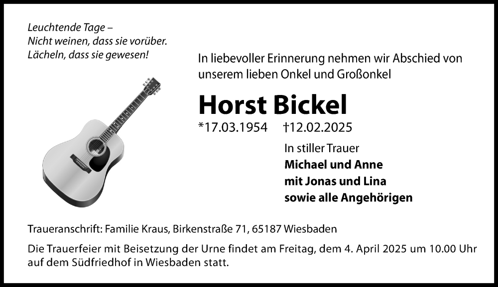  Traueranzeige für Horst Bickel vom 22.03.2025 aus Wiesbadener Kurier