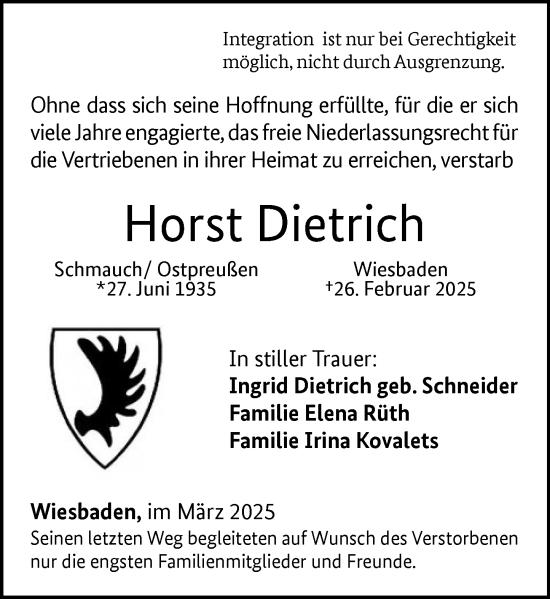 Traueranzeige von Horst Dietrich von Wiesbadener Kurier