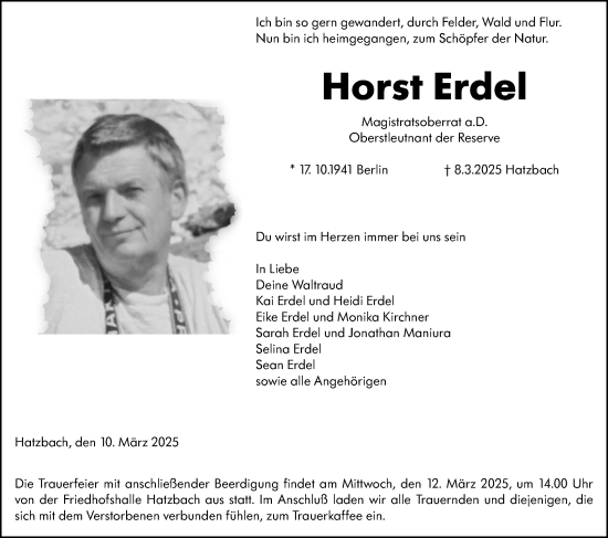 Traueranzeige von Horst Erdel von Hinterländer Anzeiger