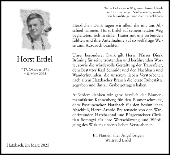 Traueranzeige von Horst Erdel von Hinterländer Anzeiger