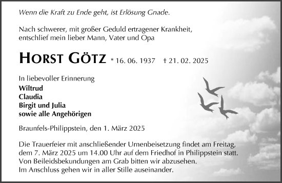 Traueranzeige von Horst Götz von Wetzlarer Neue Zeitung