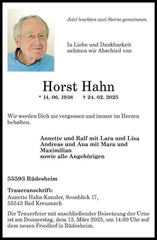 Traueranzeige von Horst Hahn von Allgemeine Zeitung Rheinhessen-Nahe