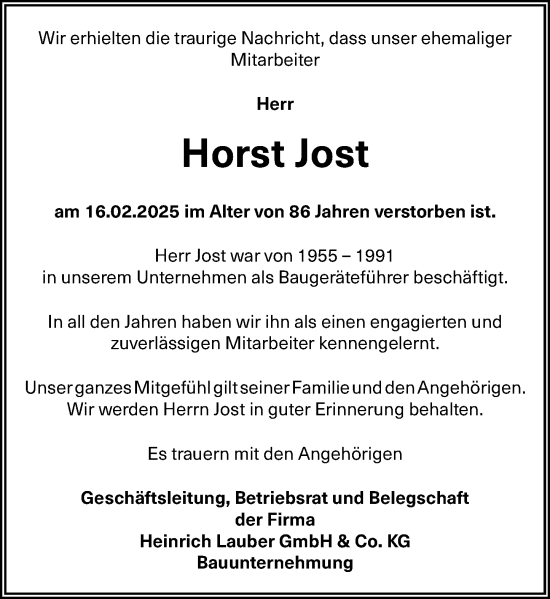 Traueranzeige von Horst Jost von Dill Block