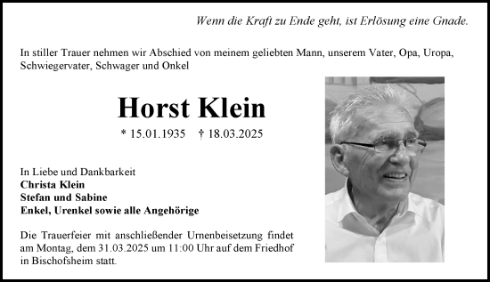 Traueranzeige von Horst Klein von Allgemeine Zeitung Mainz