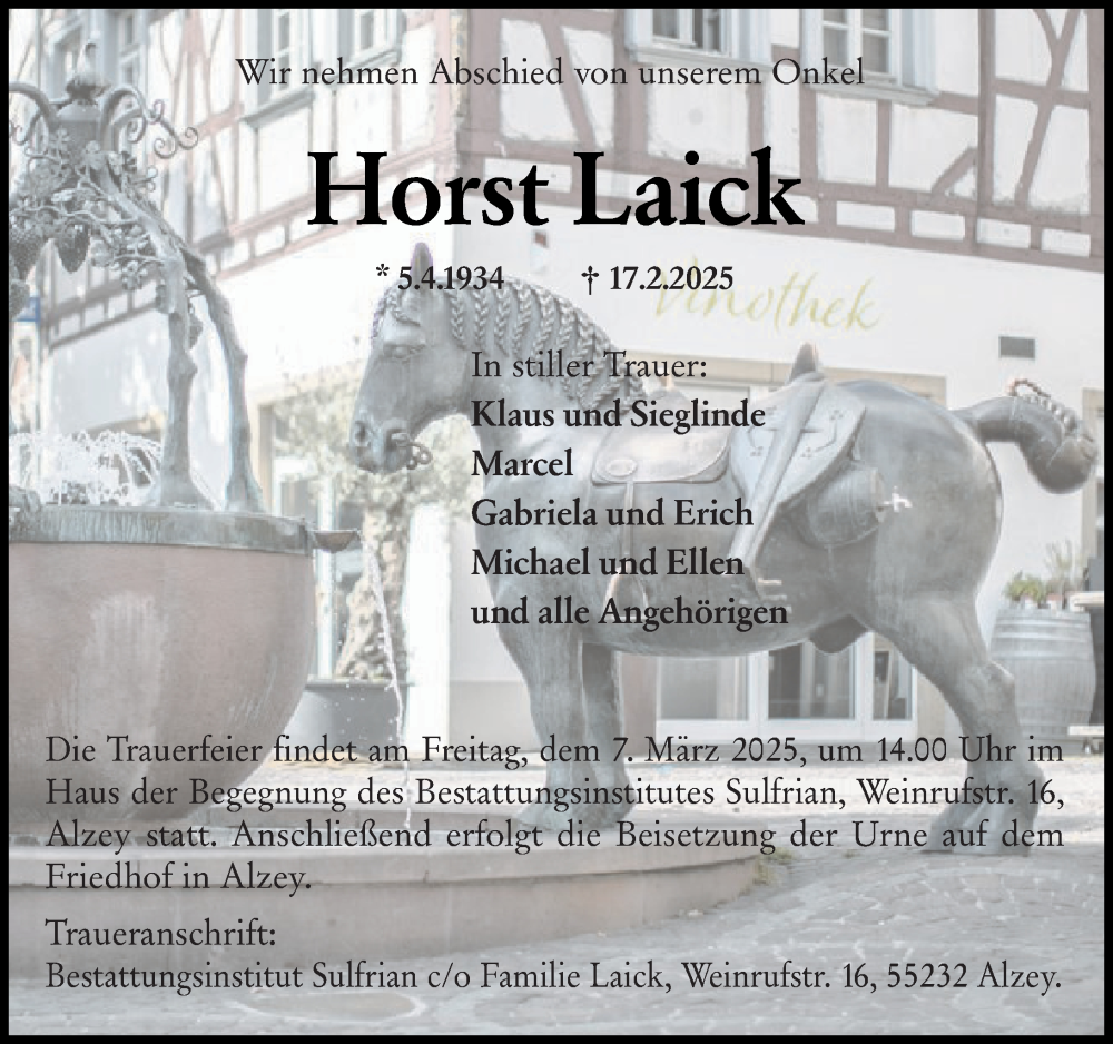  Traueranzeige für Horst Laick vom 01.03.2025 aus Allgemeine Zeitung Alzey