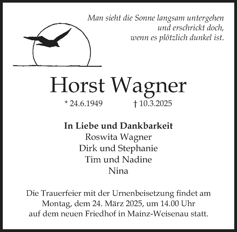  Traueranzeige für Horst Wagner vom 15.03.2025 aus Allgemeine Zeitung Mainz
