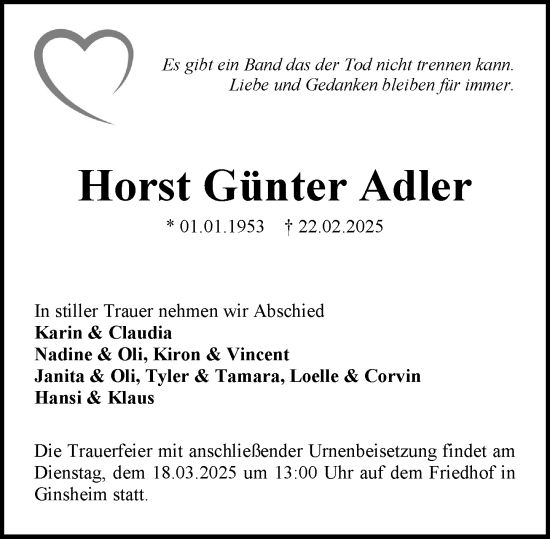 Traueranzeige von Horst Günter Adler von Rüsselsheimer Echo