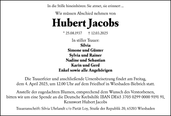 Traueranzeige von Hubert Jacobs von Wiesbadener Kurier