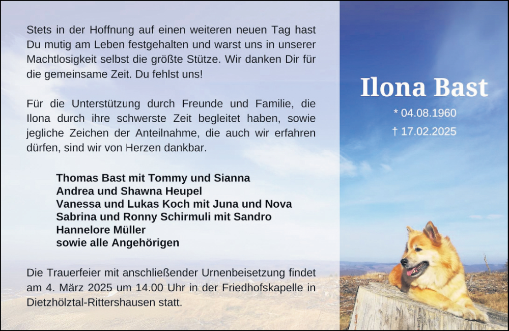  Traueranzeige für Ilona Bast vom 01.03.2025 aus Dill Block