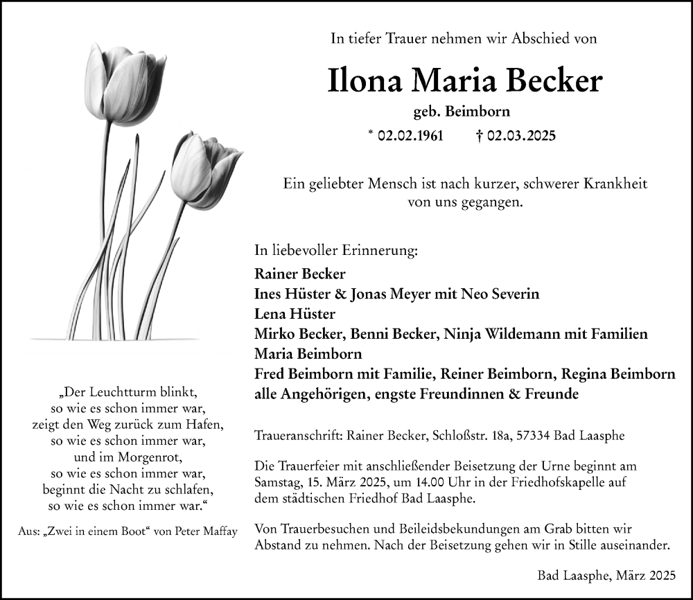  Traueranzeige für Ilona Maria Becker vom 08.03.2025 aus Hinterländer Anzeiger