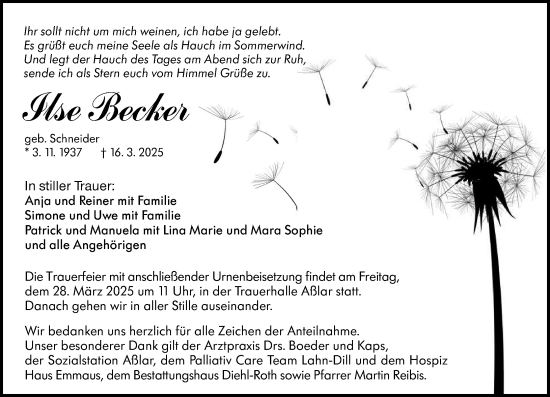 Traueranzeige von Ilse Becker von Wetzlarer Neue Zeitung