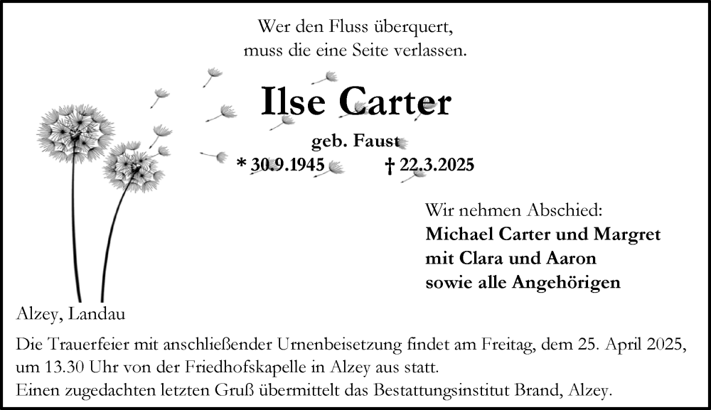  Traueranzeige für Ilse Carter vom 29.03.2025 aus Allgemeine Zeitung Alzey